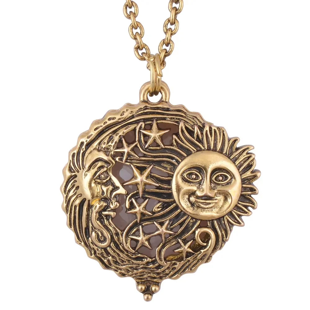 Magnifier Glass Pendant Sun with Moon and Stars Necklace Antique Gold Color Jewelry Opens and Closes