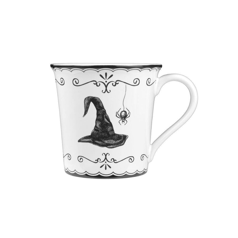 Elegant Haunting 20.29 Oz White Porcelain Halloween Coffee Mugs Set-Witch Hat, Jack-O'-Lantern, Potion & Spider-Set of 4