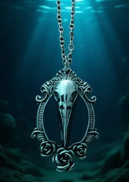 Gothic Crow Raven Bird Skull Necklace Woodpecker Crane Head Oddity Black Enamel Rose Pendant Oddities Goth Jewelry