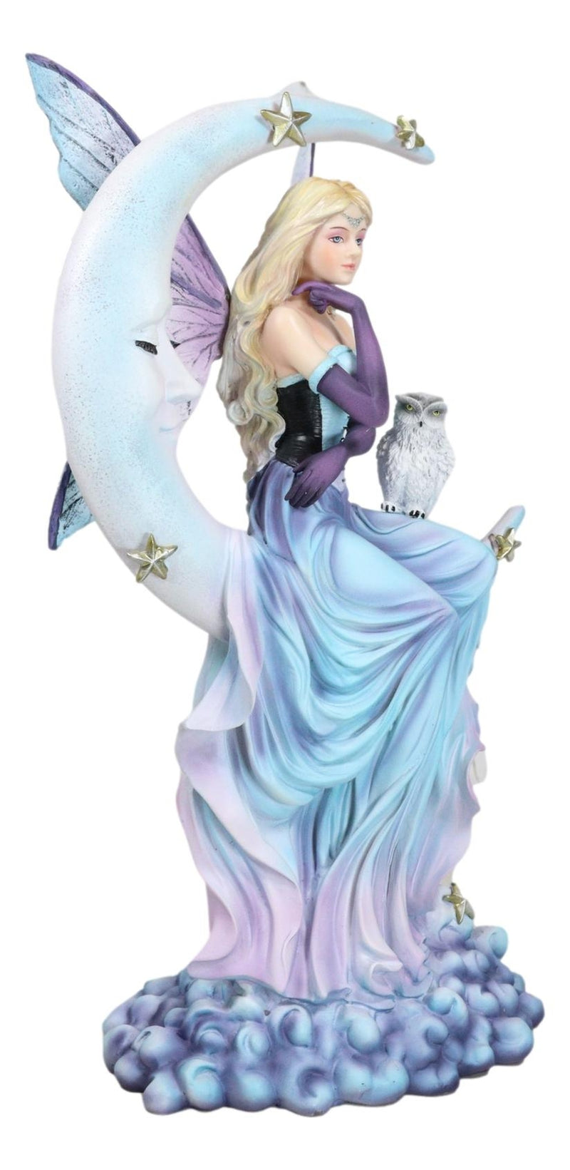 Crescent Moon and Stars Midnight Fairy Luna in Pastel Gown with Snow Owl Statue