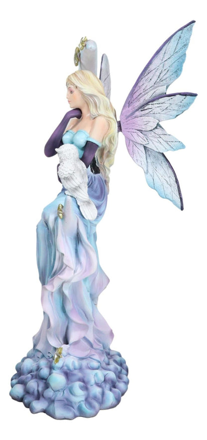 Crescent Moon and Stars Midnight Fairy Luna in Pastel Gown with Snow Owl Statue