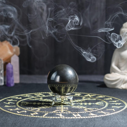 55Mm Black Obsidian Stone Sphere Ball with Metal Stand 1400+ Carats Gemstone Ball Healing Sphere Sculpture Figurine for Fengshui Divination Home Decoration Crystal Sphere