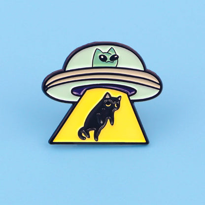 UFO Alien Enamel Pin Black Cat Badges on Backpack Brooches for Women Men Lapel Pins Cosplay Accessories Toys Gift
