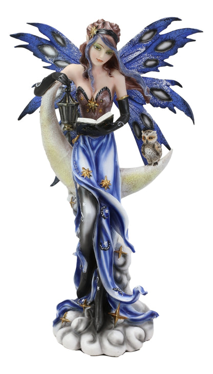 Fairy with Book Lantern and Owl on Crescent Moon Clouds and Stars Statue 14" H
