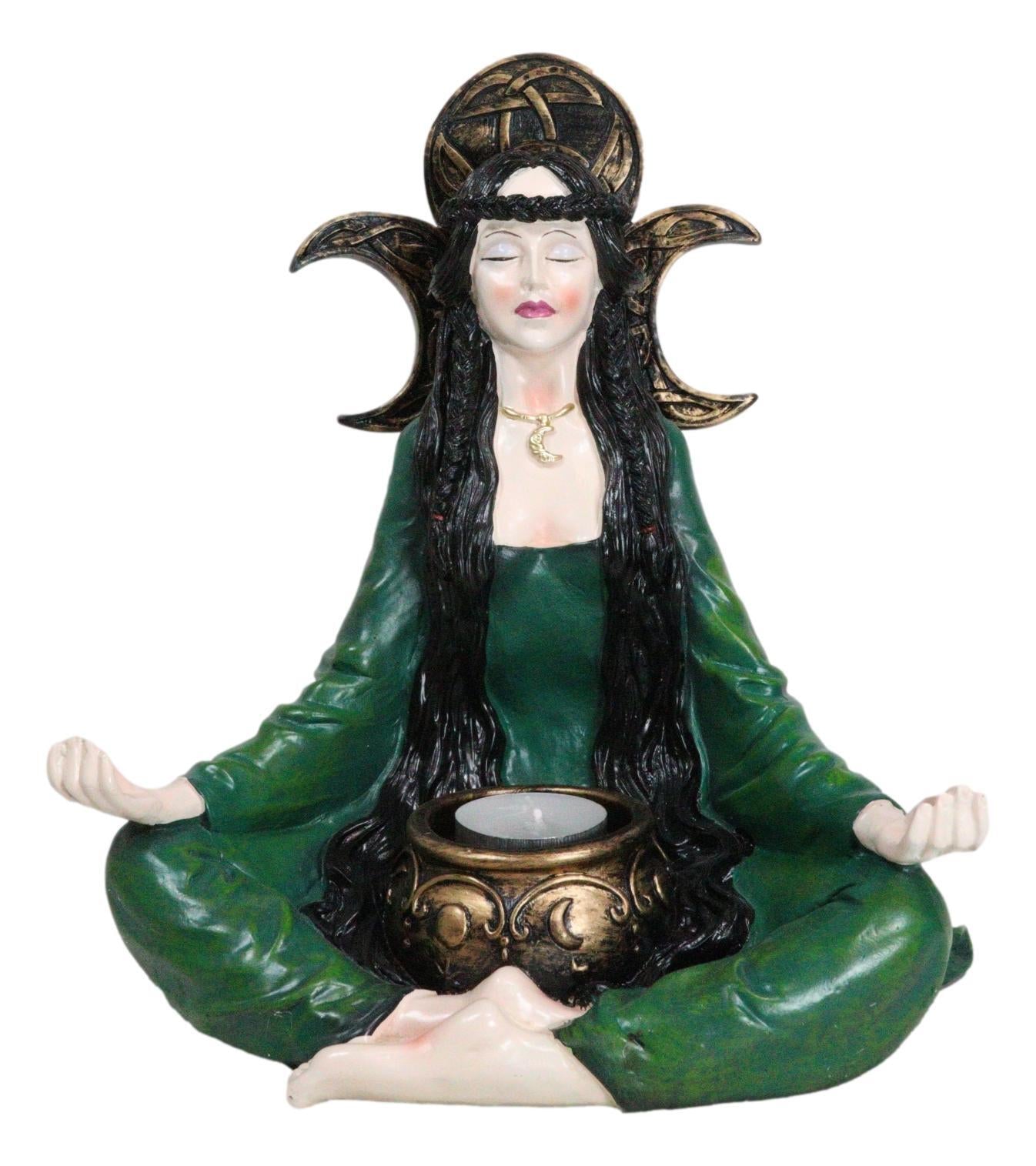 Wicca Witch Meditating with Triple Moon Sign and Cauldron Votive Candle Holder