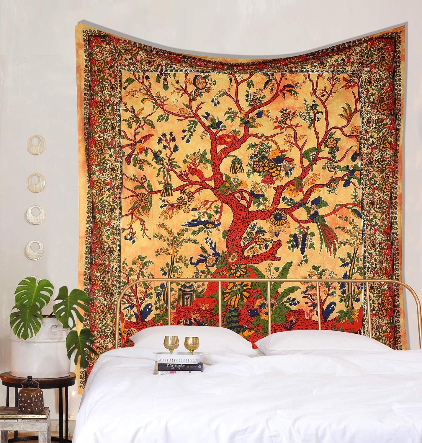 STORE Yellow Orange Tree of Life Wall Hanging Tapestry for Bedroom (Full, 85X90 Inch) – Indian Cotton Bedspread, Picnic Sheet, Nature-Inspired Wall Decor