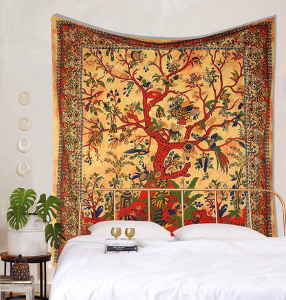 STORE Yellow Orange Tree of Life Wall Hanging Tapestry for Bedroom (Full, 85X90 Inch) – Indian Cotton Bedspread, Picnic Sheet, Nature-Inspired Wall Decor