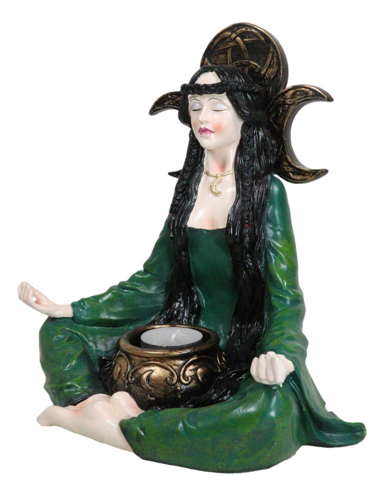 Wicca Witch Meditating with Triple Moon Sign and Cauldron Votive Candle Holder