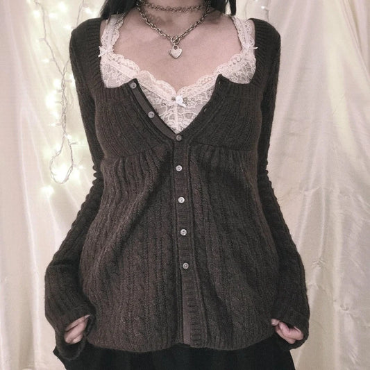 Coquette Grunge Y2K 00S Vintage Sweater Single Breasted Long Sleeve Cardigan 00S Aesthetic Kawaii Knitwear T-Shirt Women Clothes