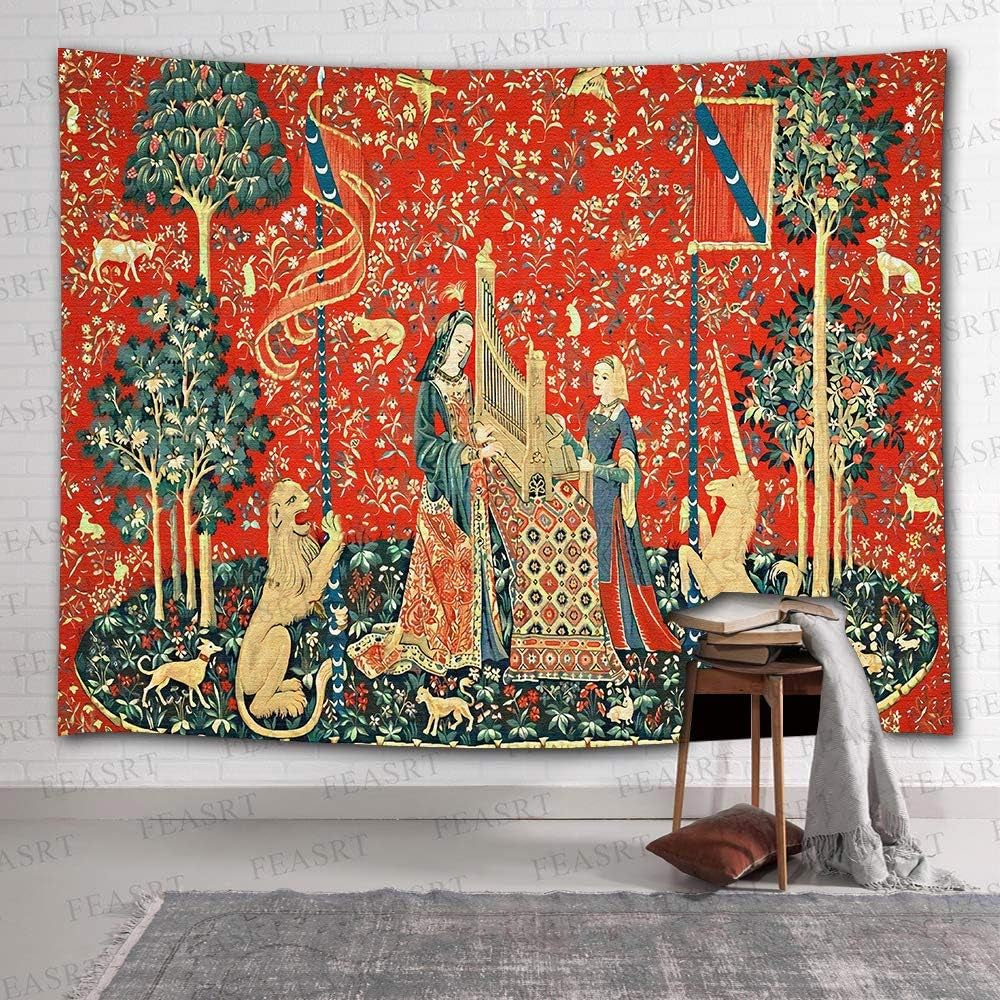 Medieval French Art Tapestry - Maiden and Unicorn - European Royal Princess - Wall Hanging for 80X60 Inch Bedroom & Living Room Decor