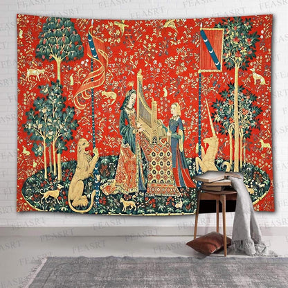 Medieval French Art Tapestry - Maiden and Unicorn - European Royal Princess - Wall Hanging for 80X60 Inch Bedroom & Living Room Decor