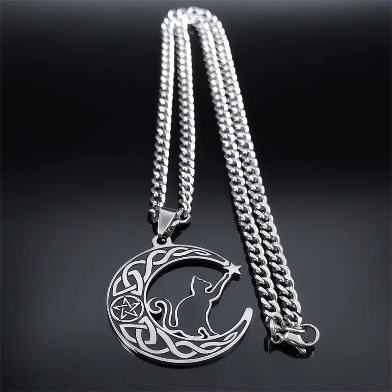 Goth Cat Pentagram Celtic Knot Crescent Necklace Women Stainless Steel Moon Shape Pendant Witch Knots Necklaces Jewelry N7964S03