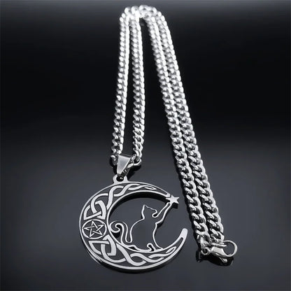 Goth Cat Pentagram Celtic Knot Crescent Necklace Women Stainless Steel Moon Shape Pendant Witch Knots Necklaces Jewelry N7964S03