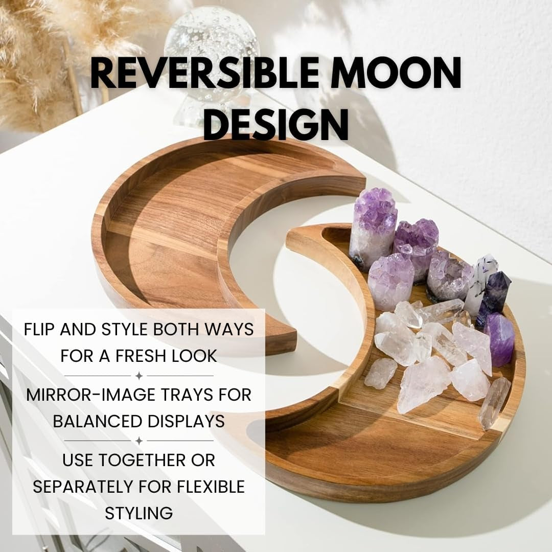 Acacia Wood Moon Crystal Display Tray - Natural Wooden Altar Tray 10.5" X 5" for Crystals and Stones Storage - Solid Wood Jewelry Organizer Dish - Boho Bedroom Decor