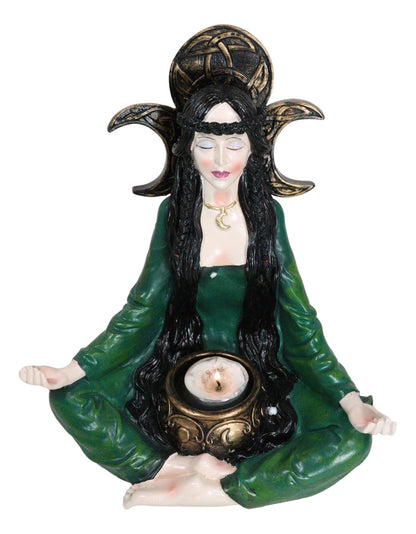 Wicca Witch Meditating with Triple Moon Sign and Cauldron Votive Candle Holder
