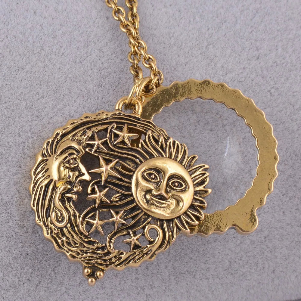 Magnifier Glass Pendant Sun with Moon and Stars Necklace Antique Gold Color Jewelry Opens and Closes