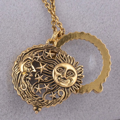 Magnifier Glass Pendant Sun with Moon and Stars Necklace Antique Gold Color Jewelry Opens and Closes
