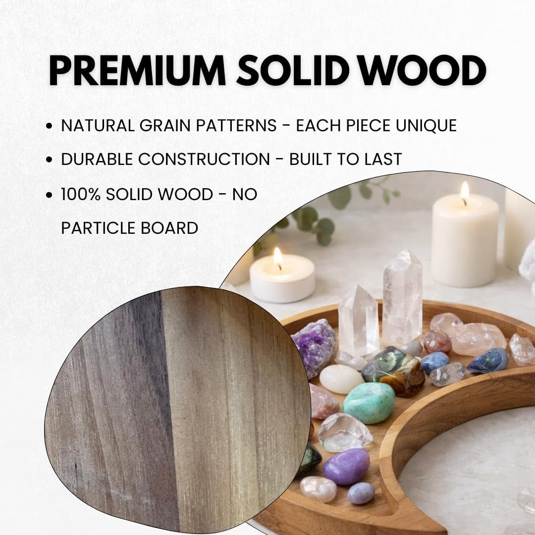 Acacia Wood Moon Crystal Display Tray - Natural Wooden Altar Tray 10.5" X 5" for Crystals and Stones Storage - Solid Wood Jewelry Organizer Dish - Boho Bedroom Decor