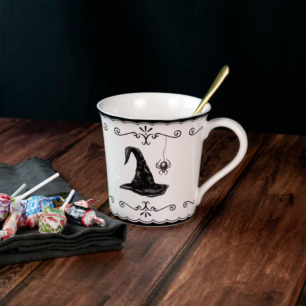 Elegant Haunting 20.29 Oz White Porcelain Halloween Coffee Mugs Set-Witch Hat, Jack-O'-Lantern, Potion & Spider-Set of 4