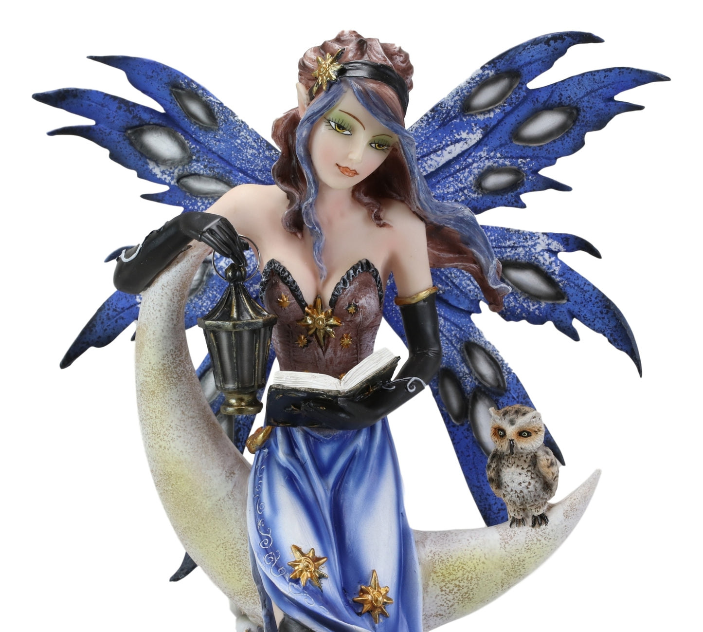 Fairy with Book Lantern and Owl on Crescent Moon Clouds and Stars Statue 14" H