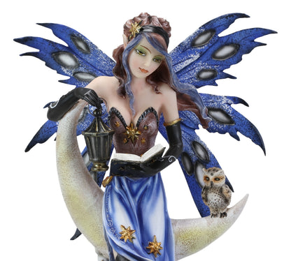 Fairy with Book Lantern and Owl on Crescent Moon Clouds and Stars Statue 14" H