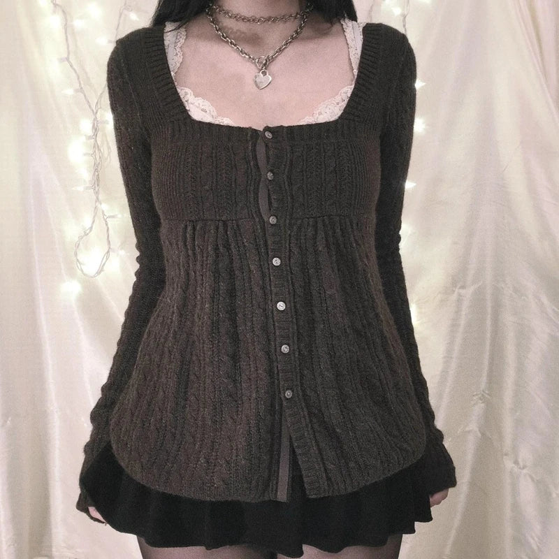 Coquette Grunge Y2K 00S Vintage Sweater Single Breasted Long Sleeve Cardigan 00S Aesthetic Kawaii Knitwear T-Shirt Women Clothes