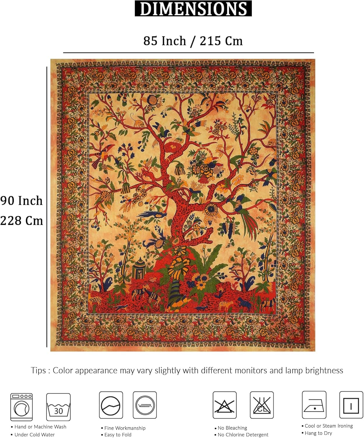 STORE Yellow Orange Tree of Life Wall Hanging Tapestry for Bedroom (Full, 85X90 Inch) – Indian Cotton Bedspread, Picnic Sheet, Nature-Inspired Wall Decor