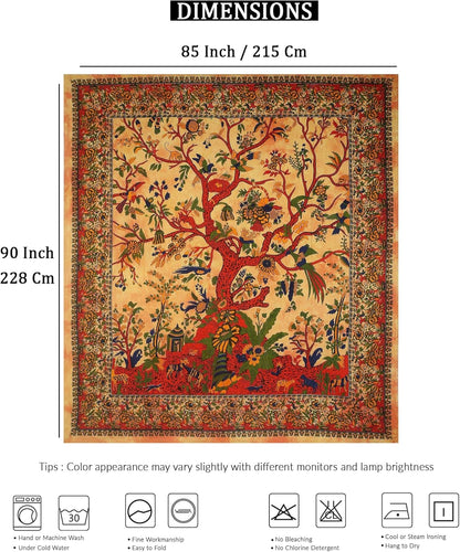 STORE Yellow Orange Tree of Life Wall Hanging Tapestry for Bedroom (Full, 85X90 Inch) – Indian Cotton Bedspread, Picnic Sheet, Nature-Inspired Wall Decor