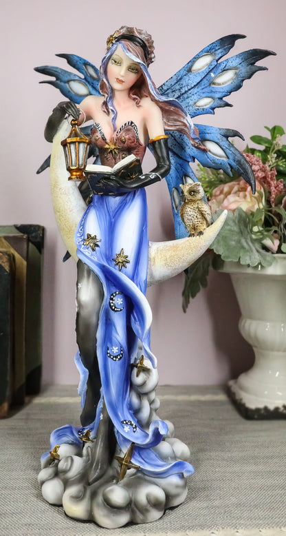Fairy with Book Lantern and Owl on Crescent Moon Clouds and Stars Statue 14" H
