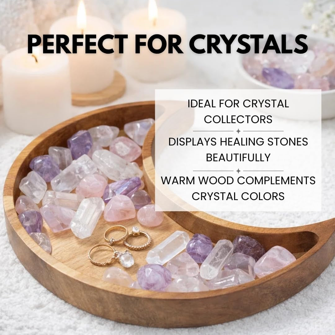Acacia Wood Moon Crystal Display Tray - Natural Wooden Altar Tray 10.5" X 5" for Crystals and Stones Storage - Solid Wood Jewelry Organizer Dish - Boho Bedroom Decor