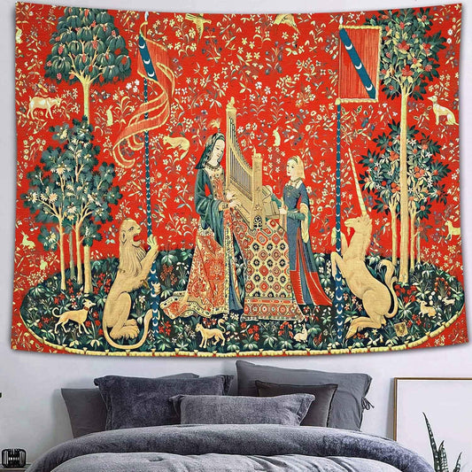 Medieval French Art Tapestry - Maiden and Unicorn - European Royal Princess - Wall Hanging for 80X60 Inch Bedroom & Living Room Decor