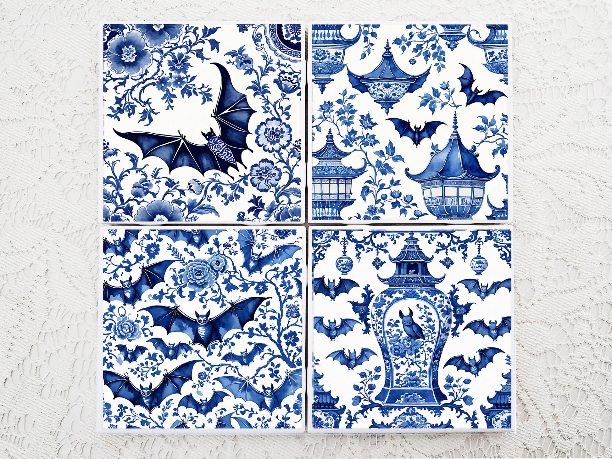 Blue White Bat Coaster Set