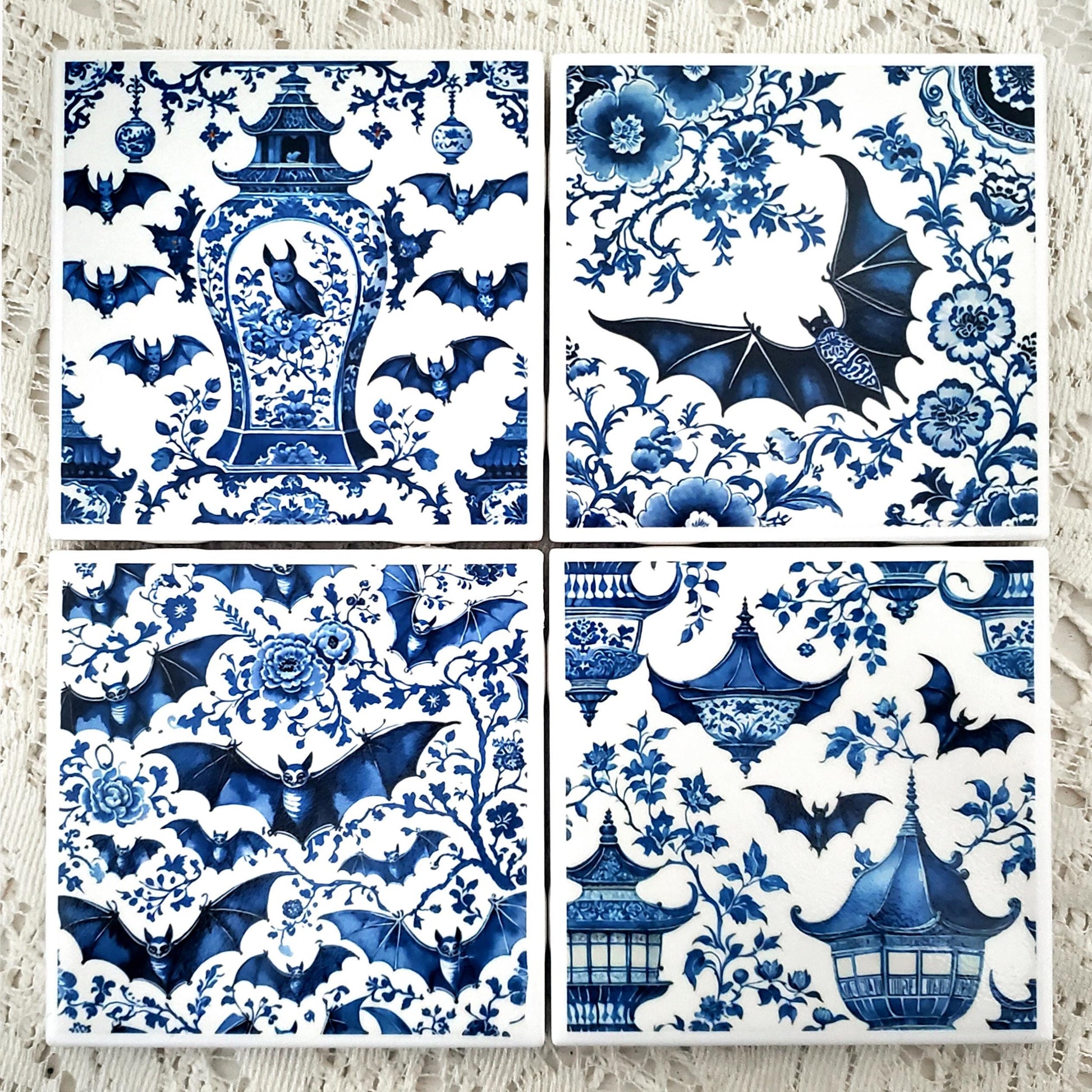Blue White Bat Coaster Set