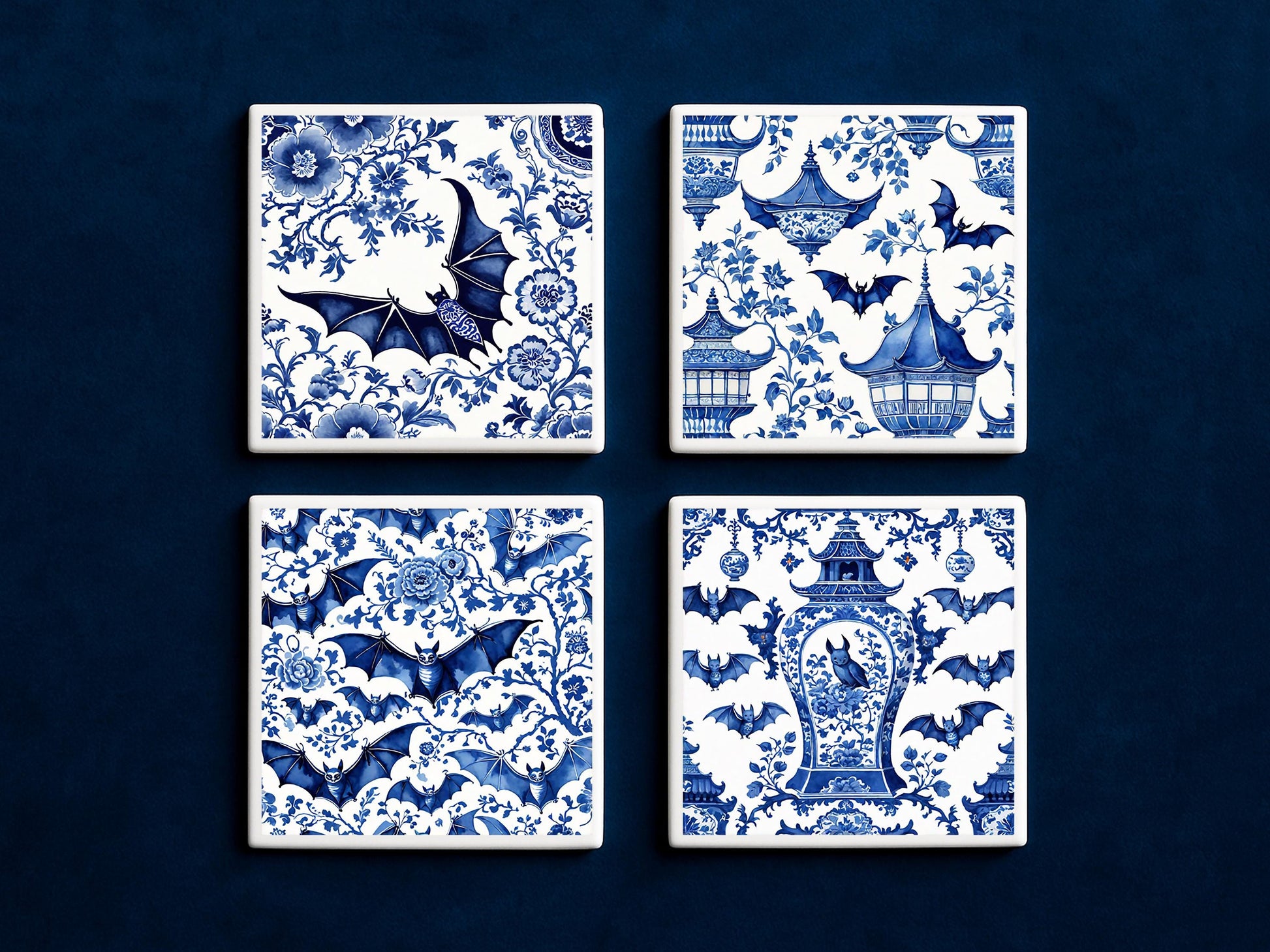 Blue White Bat Coaster Set